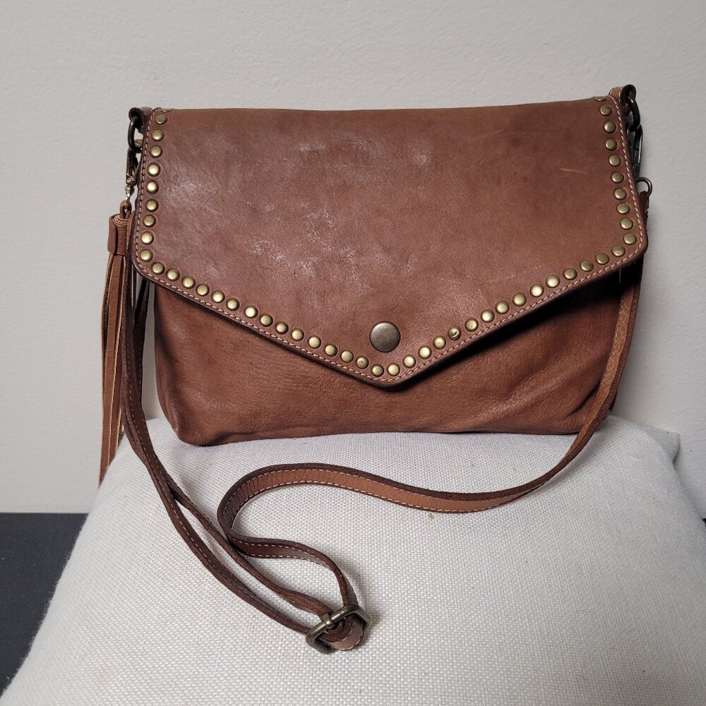 Costanza Rota Vintage Boho Festival Studded Italian Leather Crossbody Bag Brown